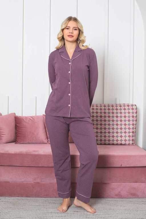 Kadın Pijama Takımı - Gülkurusu Puantiyeli Önden Düğmeli Uzun Kollu Likralı Viskon 2888UY - 3