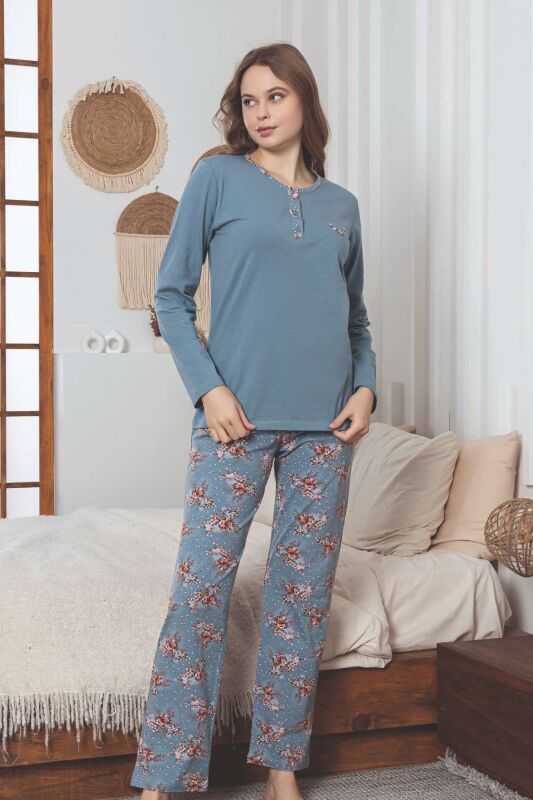 Kadın Pijama Takımı - İndigo Çiçek Desen Uzun Kol Likralı Penye 2892UKL - 2