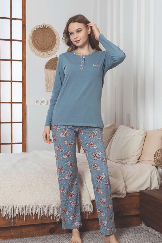 Kadın Pijama Takımı - İndigo Çiçek Desen Uzun Kol Likralı Penye 2892UKL - 4