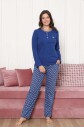 Kadın Pijama Takımı - İndigo Etnik Desen Uzun Kol Likralı Penye 2890UKL - Alimer