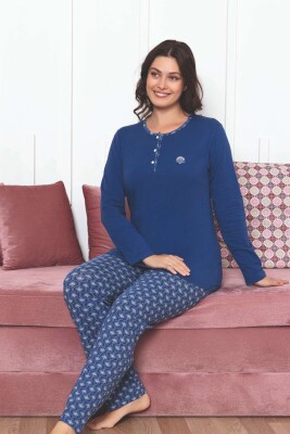 Kadın Pijama Takımı - İndigo Etnik Desen Uzun Kol Likralı Penye 2890UKL - Alimer (1)