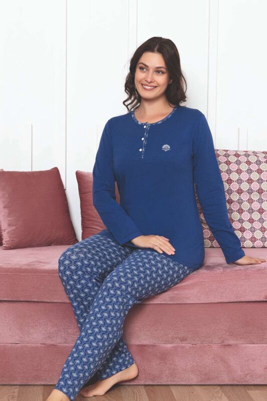 Kadın Pijama Takımı - İndigo Etnik Desen Uzun Kol Likralı Penye 2890UKL - 2