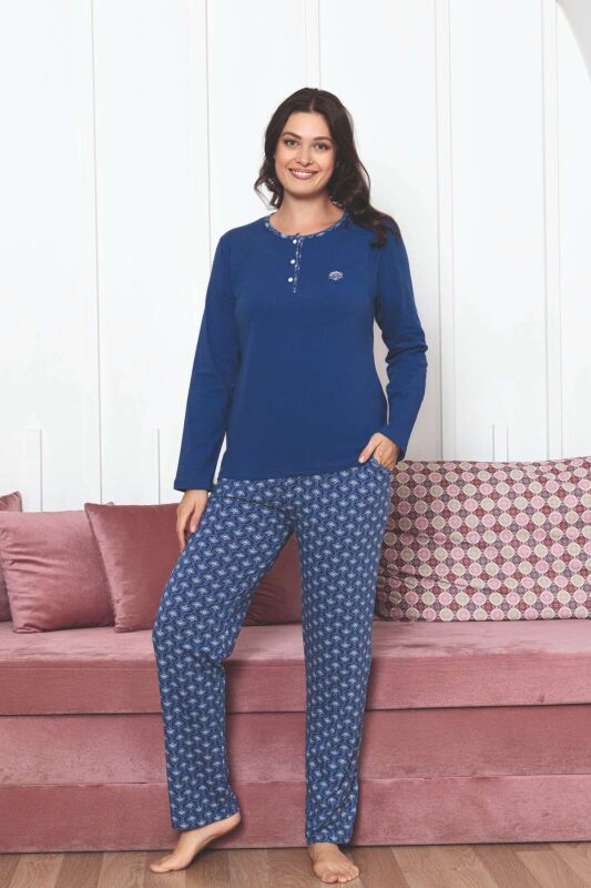 Kadın Pijama Takımı - İndigo Etnik Desen Uzun Kol Likralı Penye 2890UKL - 3