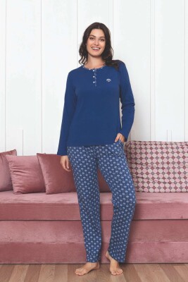 Kadın Pijama Takımı - İndigo Etnik Desen Uzun Kol Likralı Penye 2890UKL - 4