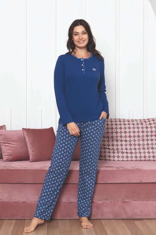 Kadın Pijama Takımı - İndigo Etnik Desen Uzun Kol Likralı Penye 2890UKL - 5