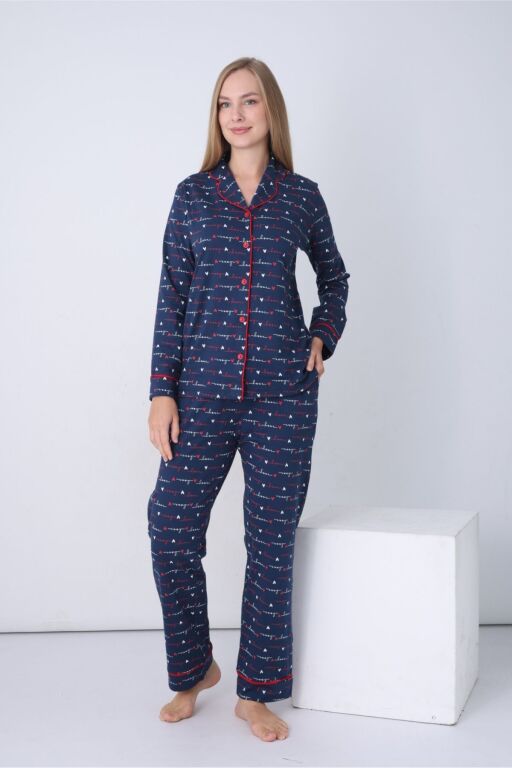 Kadın Pijama Takımı - İndigo Love Önden Düğmeli Uzun Kollu Penye 2926UY - 4