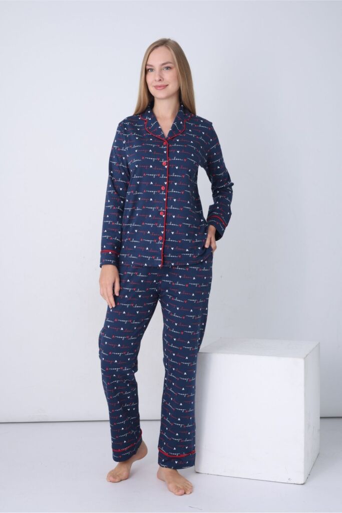Kadın Pijama Takımı - İndigo Love Önden Düğmeli Uzun Kollu Penye 2926UY - 4