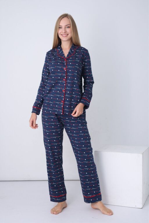 Kadın Pijama Takımı - İndigo Love Önden Düğmeli Uzun Kollu Penye 2926UY - Alimer (1)