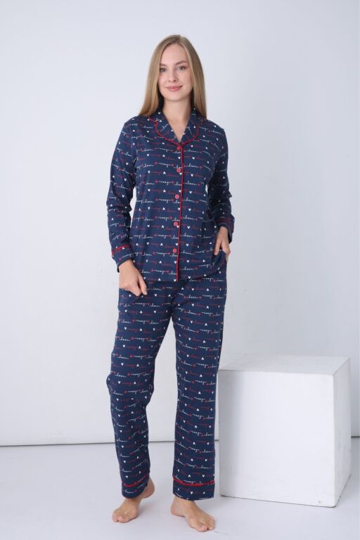 Kadın Pijama Takımı - İndigo Love Önden Düğmeli Uzun Kollu Penye 2926UY - 3
