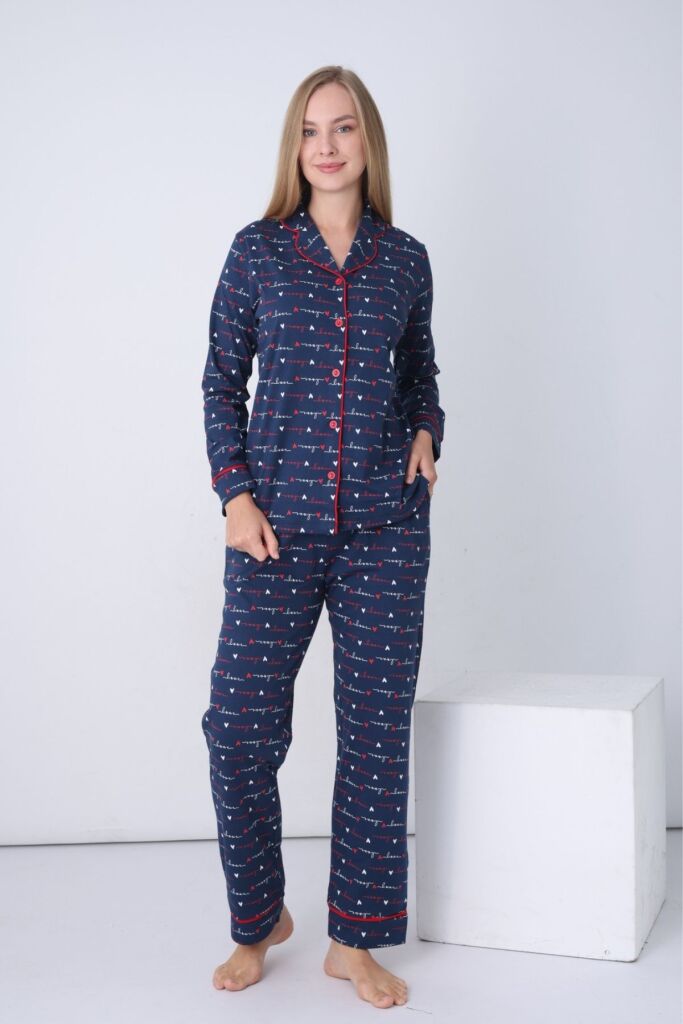 Kadın Pijama Takımı - İndigo Love Önden Düğmeli Uzun Kollu Penye 2926UY - 3
