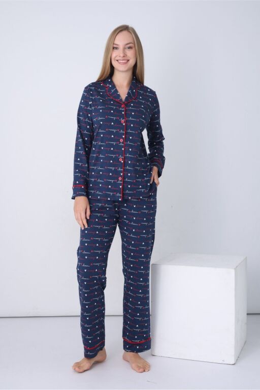 Kadın Pijama Takımı - İndigo Love Önden Düğmeli Uzun Kollu Penye 2926UY - Alimer