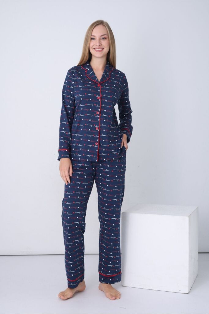 Kadın Pijama Takımı - İndigo Love Önden Düğmeli Uzun Kollu Penye 2926UY - 1