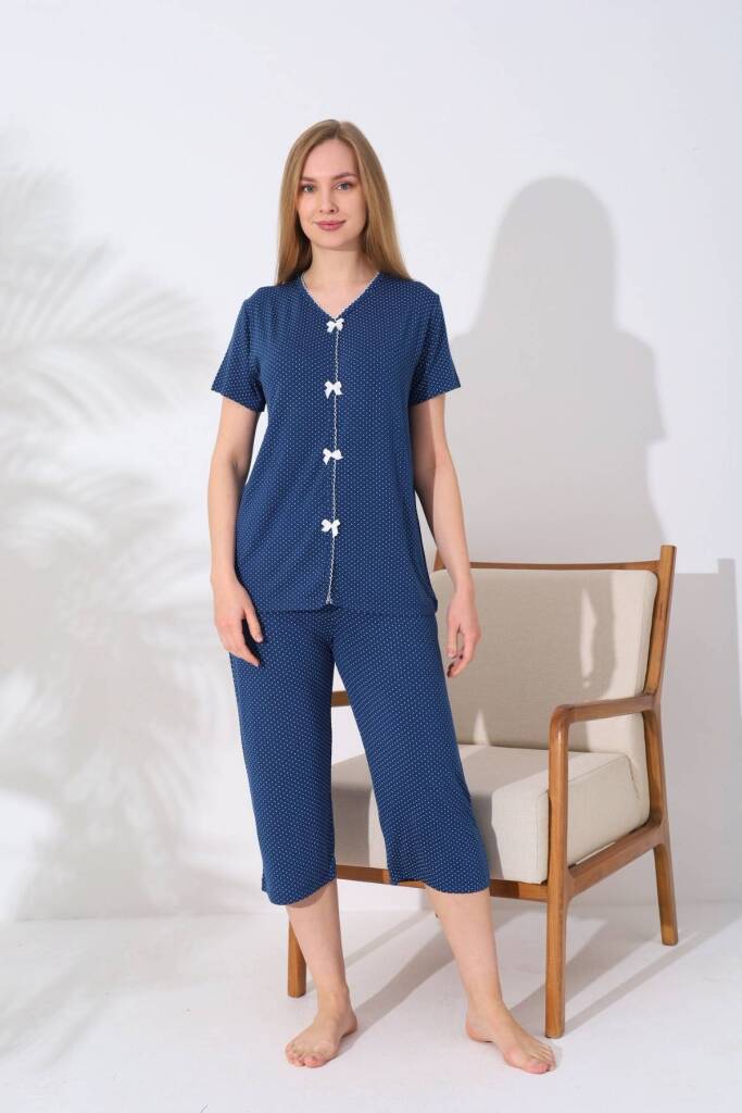 Kadın Pijama Takımı - İndigo Puantiyeli Önden Düğmeli Bermuda Likralı 2828B - 3