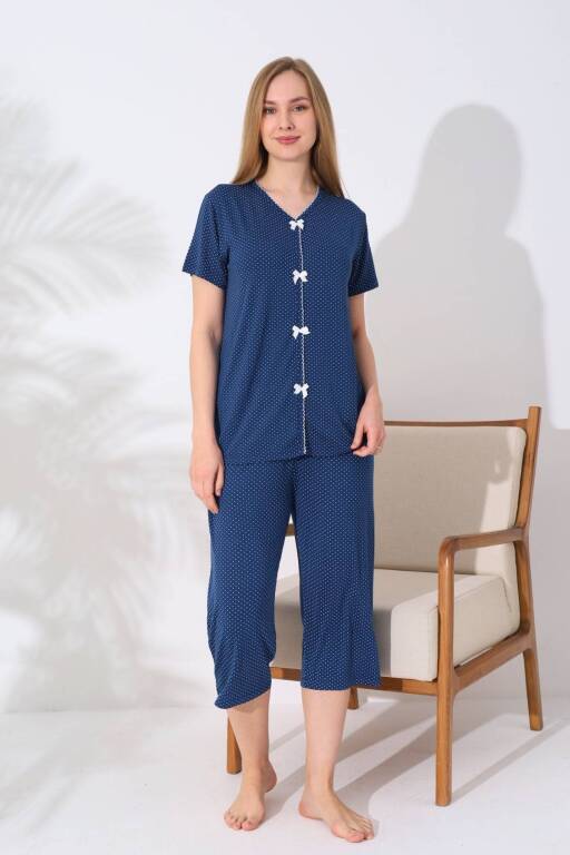 Kadın Pijama Takımı - İndigo Puantiyeli Önden Düğmeli Bermuda Likralı 2828B - 4
