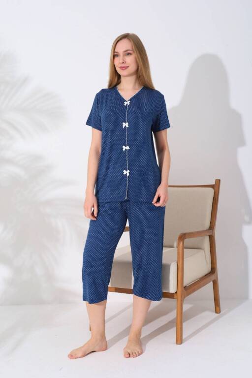 Kadın Pijama Takımı - İndigo Puantiyeli Önden Düğmeli Bermuda Likralı 2828B - Alimer