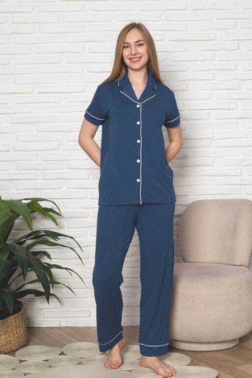 Kadın Pijama Takımı - İndigo Puantiyeli Önden Düğmeli Kısa Kollu Likralı Viskon 2888KY - 3