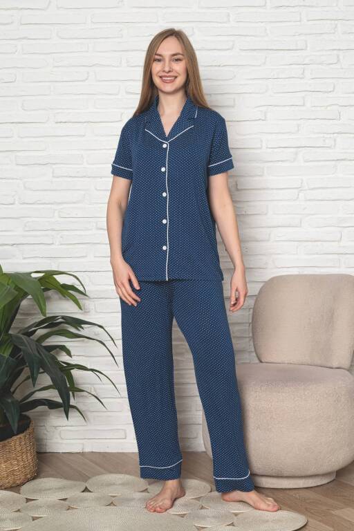 Kadın Pijama Takımı - İndigo Puantiyeli Önden Düğmeli Kısa Kollu Likralı Viskon 2888KY - Alimer