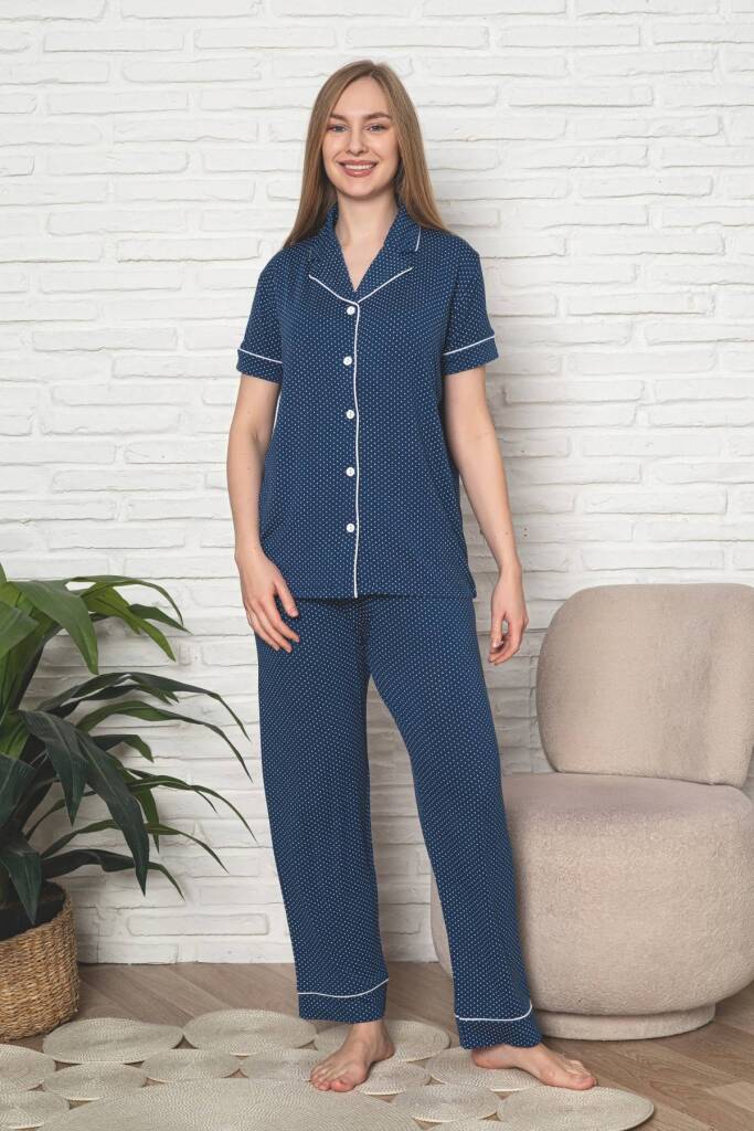 Kadın Pijama Takımı - İndigo Puantiyeli Önden Düğmeli Kısa Kollu Likralı Viskon 2888KY - 1