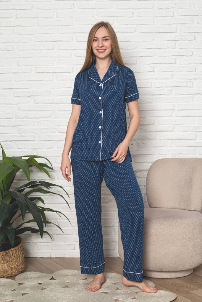 Kadın Pijama Takımı - İndigo Puantiyeli Önden Düğmeli Kısa Kollu Likralı Viskon 2888KY - 4