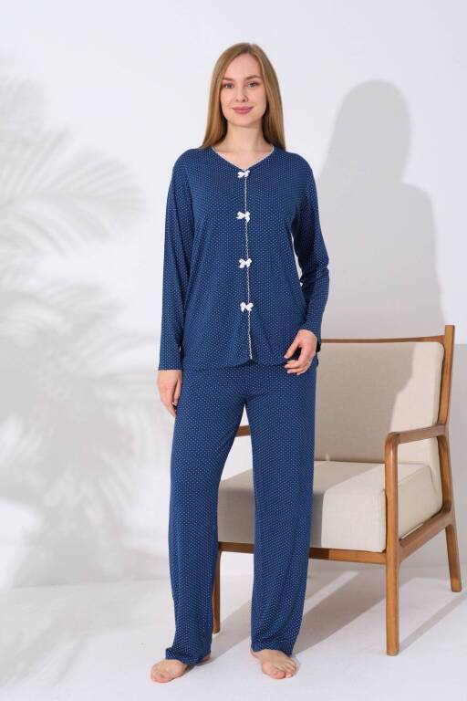 Kadın Pijama Takımı - İndigo Puantiyeli Önden Düğmeli Uzun Kollu Likralı 2828UY - 1