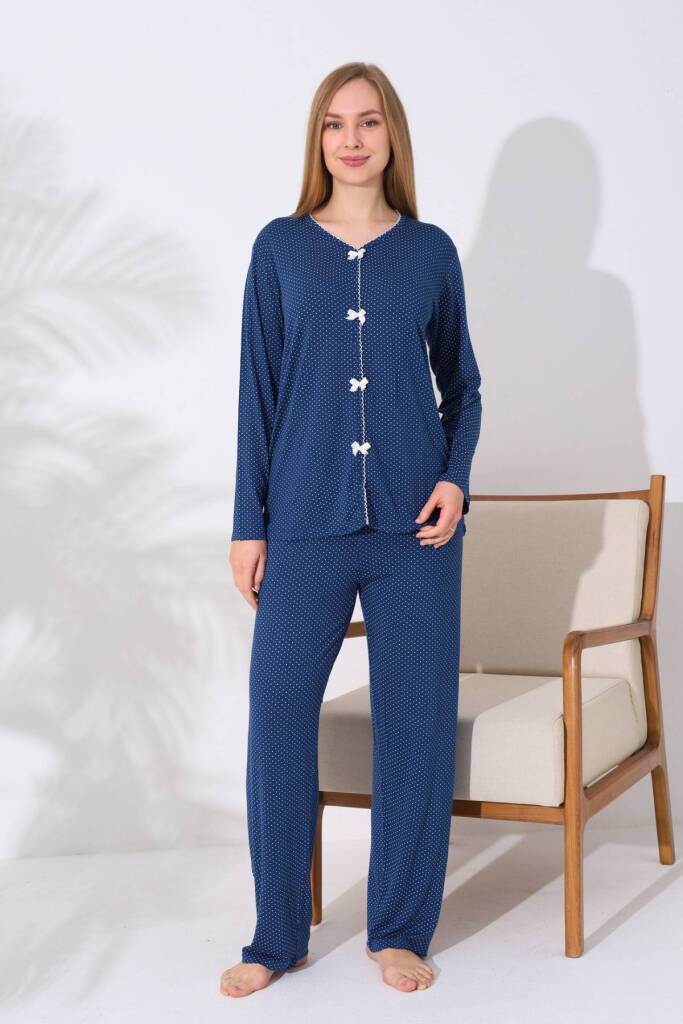 Kadın Pijama Takımı - İndigo Puantiyeli Önden Düğmeli Uzun Kollu Likralı 2828UY - 1