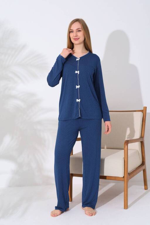Kadın Pijama Takımı - İndigo Puantiyeli Önden Düğmeli Uzun Kollu Likralı 2828UY - 2
