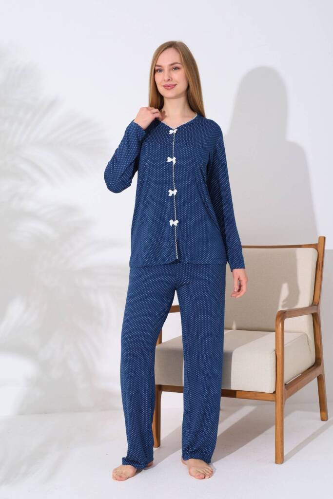 Kadın Pijama Takımı - İndigo Puantiyeli Önden Düğmeli Uzun Kollu Likralı 2828UY - 2