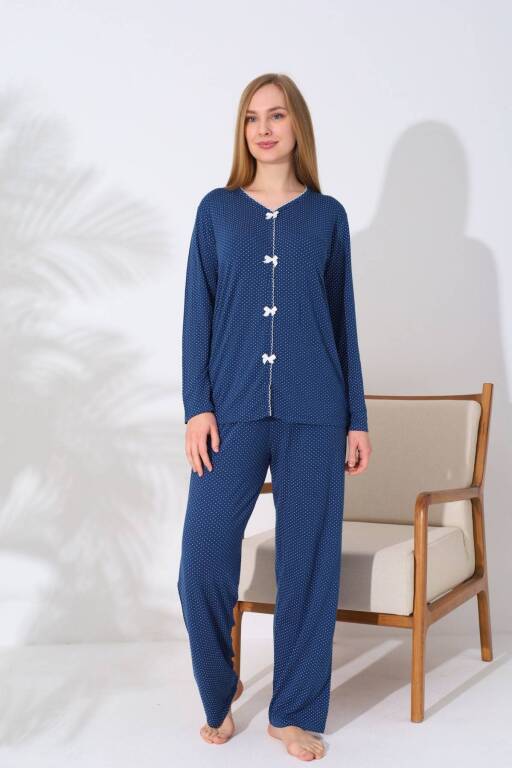 Kadın Pijama Takımı - İndigo Puantiyeli Önden Düğmeli Uzun Kollu Likralı 2828UY - 3