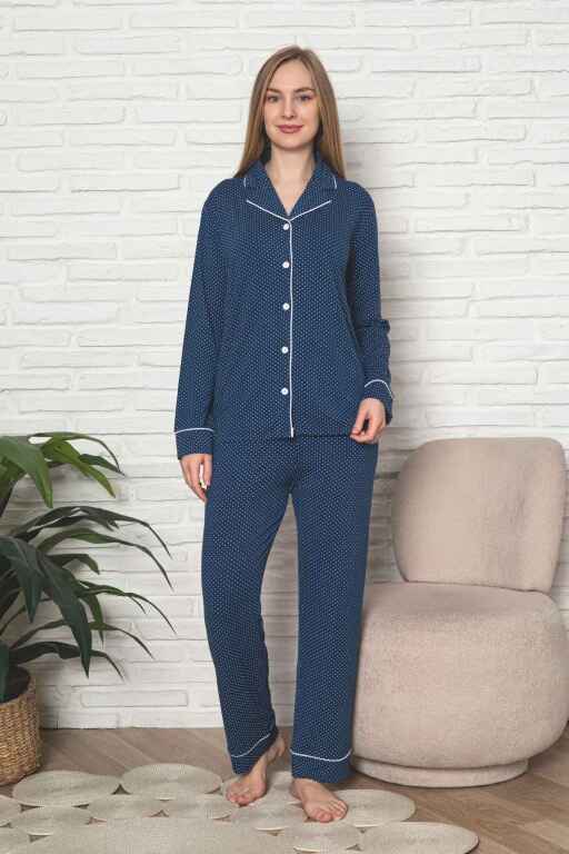 Kadın Pijama Takımı - İndigo Puantiyeli Önden Düğmeli Uzun Kollu Likralı Viskon 2888UY - Alimer