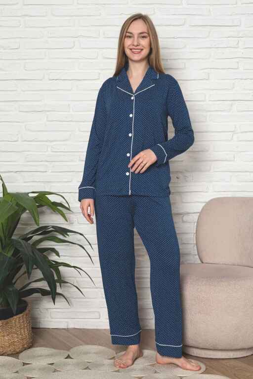 Kadın Pijama Takımı - İndigo Puantiyeli Önden Düğmeli Uzun Kollu Likralı Viskon 2888UY - 3