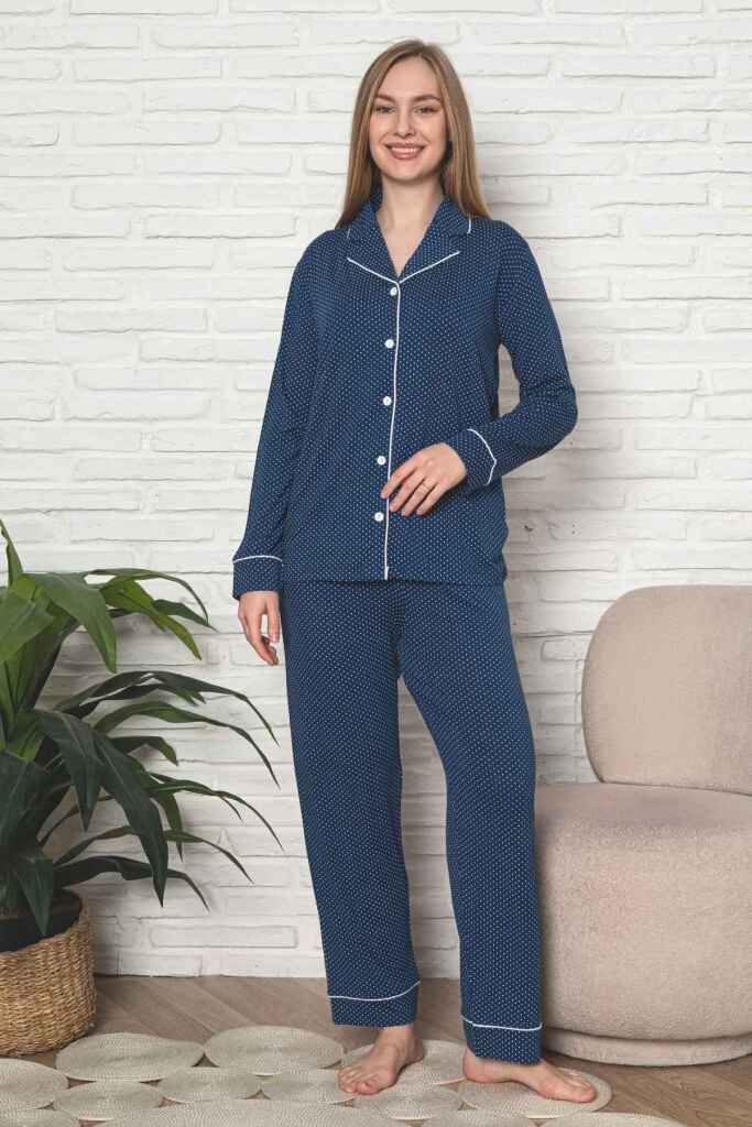Kadın Pijama Takımı - İndigo Puantiyeli Önden Düğmeli Uzun Kollu Likralı Viskon 2888UY - 3