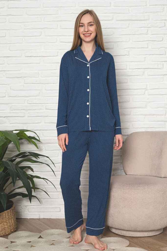 Kadın Pijama Takımı - İndigo Puantiyeli Önden Düğmeli Uzun Kollu Likralı Viskon 2888UY - 4