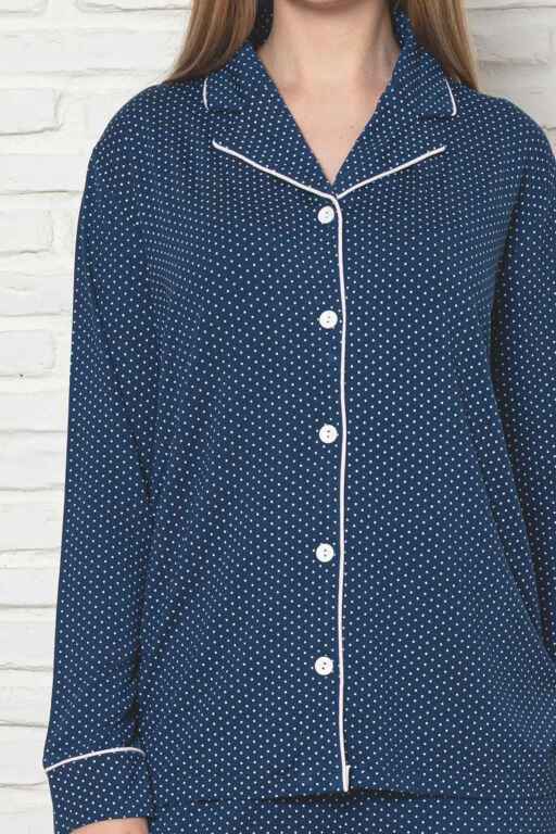 Kadın Pijama Takımı - İndigo Puantiyeli Önden Düğmeli Uzun Kollu Likralı Viskon 2888UY - Alimer (1)
