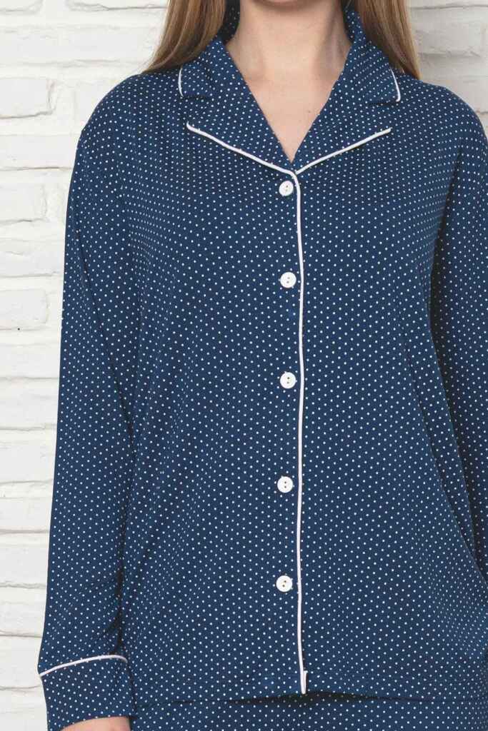 Kadın Pijama Takımı - İndigo Puantiyeli Önden Düğmeli Uzun Kollu Likralı Viskon 2888UY - 2