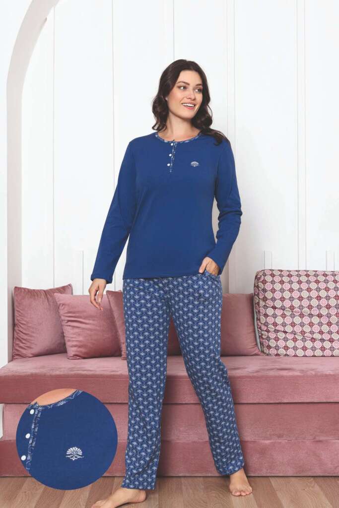 Kadın Pijama Takımı - İndigo Uzun Kollu Likralı Pamuk 2890UKL - 1