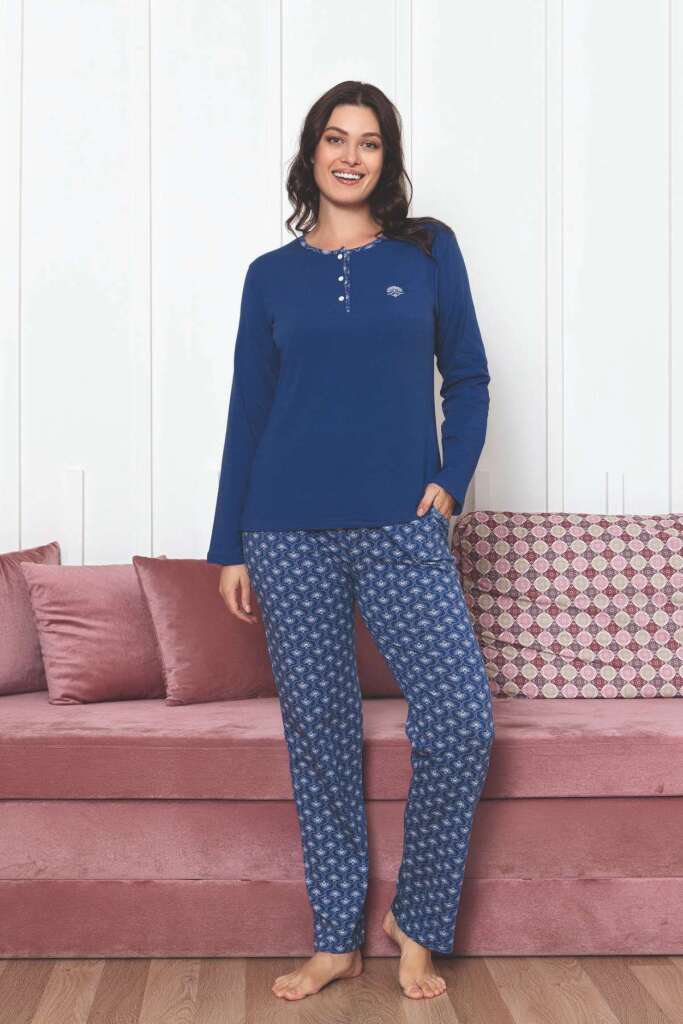 Kadın Pijama Takımı - İndigo Uzun Kollu Likralı Pamuk 2890UKL - 2