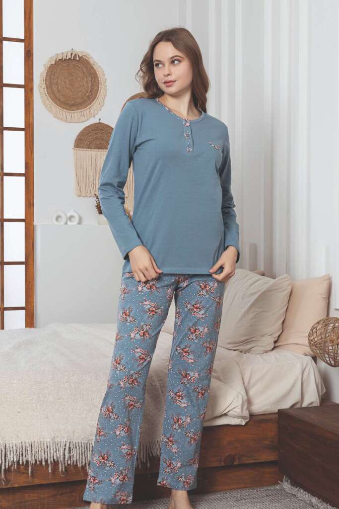 Kadın Pijama Takımı - İndigo Çiçek Desenli Uzun Kollu Likralı Pamuk 2892UKL - 1