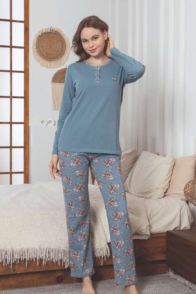 Kadın Pijama Takımı - İndigo Çiçek Desenli Uzun Kollu Likralı Pamuk 2892UKL - 4