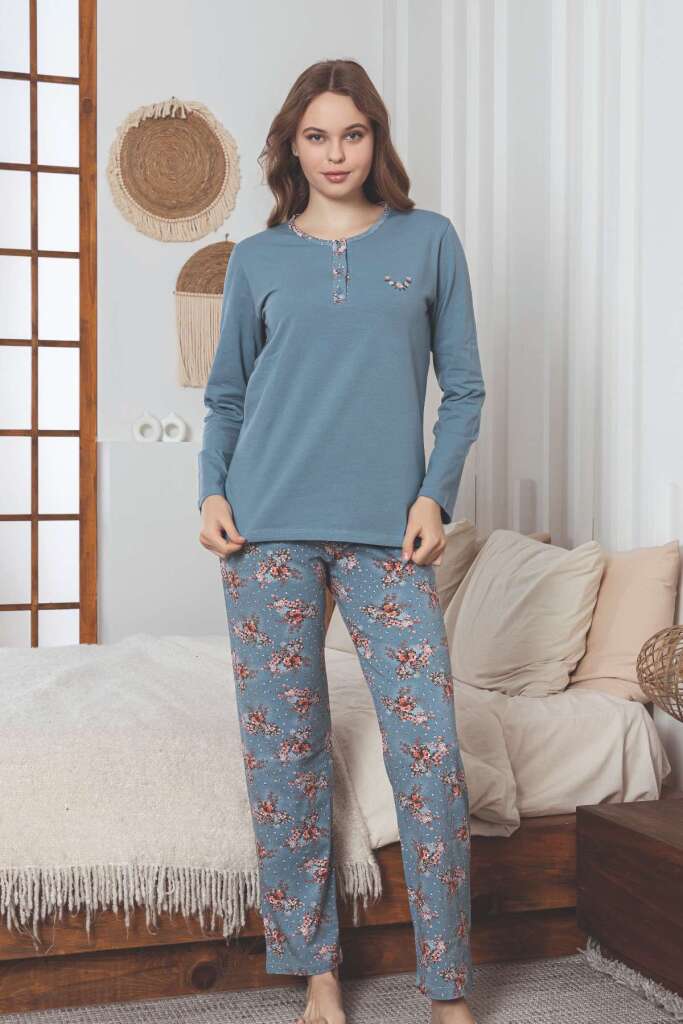 Kadın Pijama Takımı - İndigo Çiçek Desenli Uzun Kollu Likralı Pamuk 2892UKL - 2