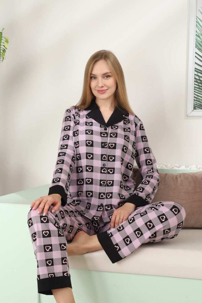 Kadın Pijama Takımı - Kareli Önden Düğmeli Uzun Kollu Likralı 2896UKL - 2
