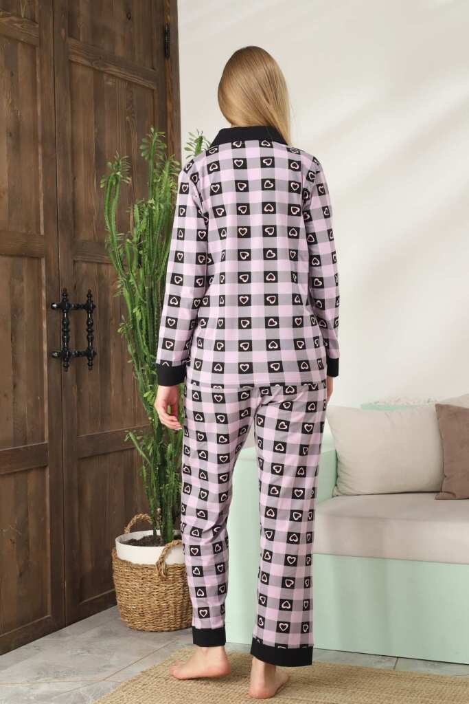 Kadın Pijama Takımı - Kareli Önden Düğmeli Uzun Kollu Likralı 2896UKL - 4