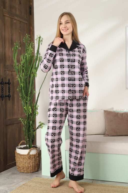Kadın Pijama Takımı - Kareli Önden Düğmeli Uzun Kollu Likralı 2896UKL - 3