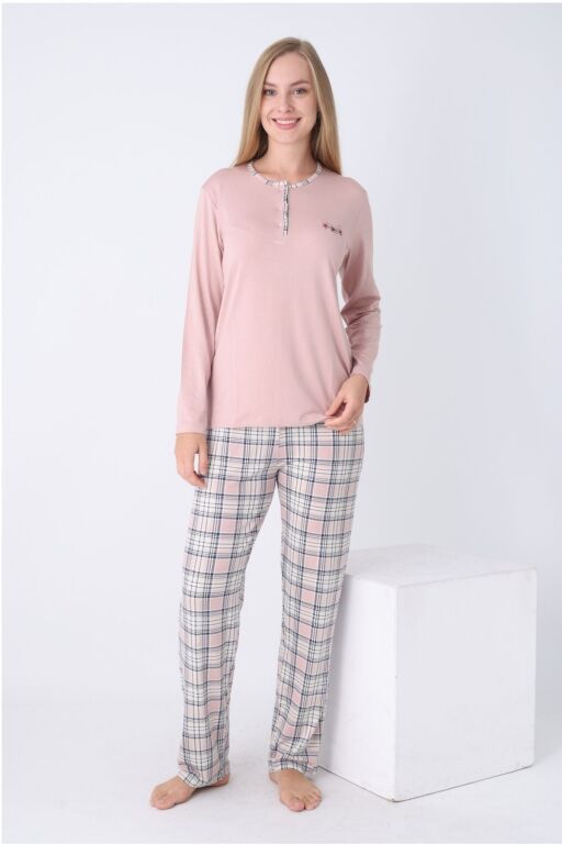 Kadın Pijama Takımı - Kareli Uzun Kollu Likralı Viskon 2925UY - Alimer