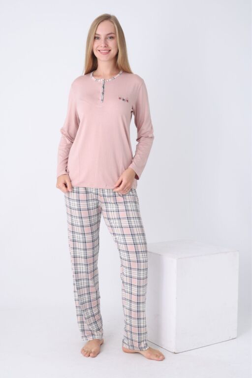 Kadın Pijama Takımı - Kareli Uzun Kollu Likralı Viskon 2925UY - Alimer (1)
