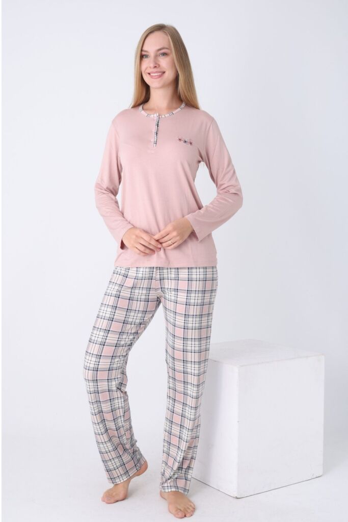 Kadın Pijama Takımı - Kareli Uzun Kollu Likralı Viskon 2925UY - 3