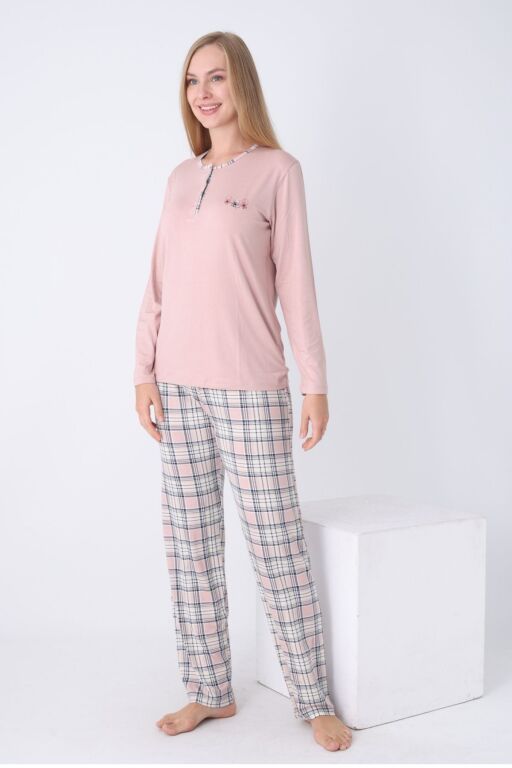 Kadın Pijama Takımı - Kareli Uzun Kollu Likralı Viskon 2925UY - 4