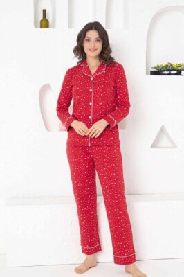 Kadın Pijama Takımı - Kırmızı Önden Düğmeli Uzun Kollu Penye 2769UY - Alimer