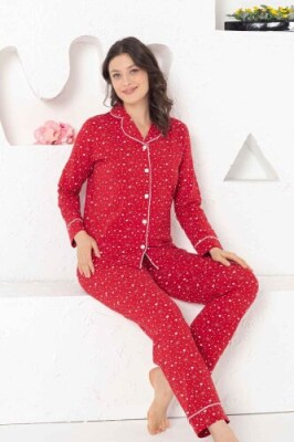 Kadın Pijama Takımı - Kırmızı Önden Düğmeli Uzun Kollu Penye 2769UY - 3