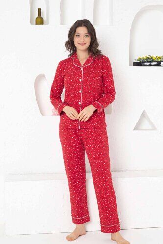 Kadın Pijama Takımı - Kırmızı Önden Düğmeli Uzun Kollu Penye 2769UY - 1