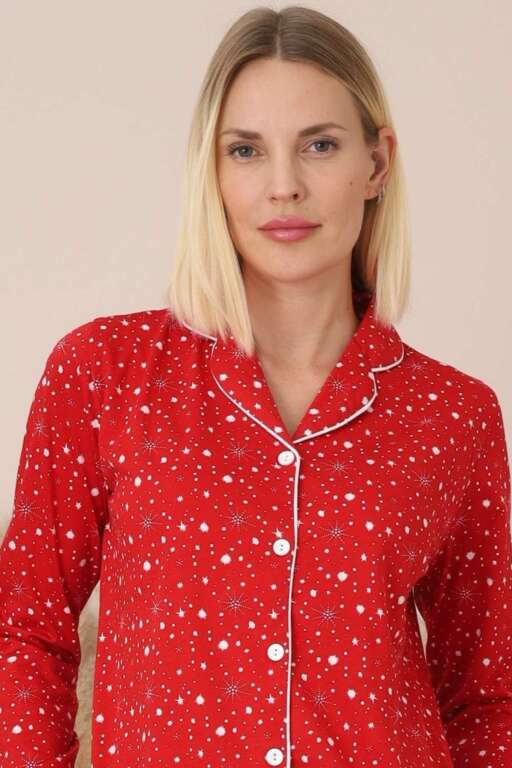 Kadın Pijama Takımı - Kırmızı Önden Düğmeli Uzun Kollu Penye 2769UY - Alimer (1)